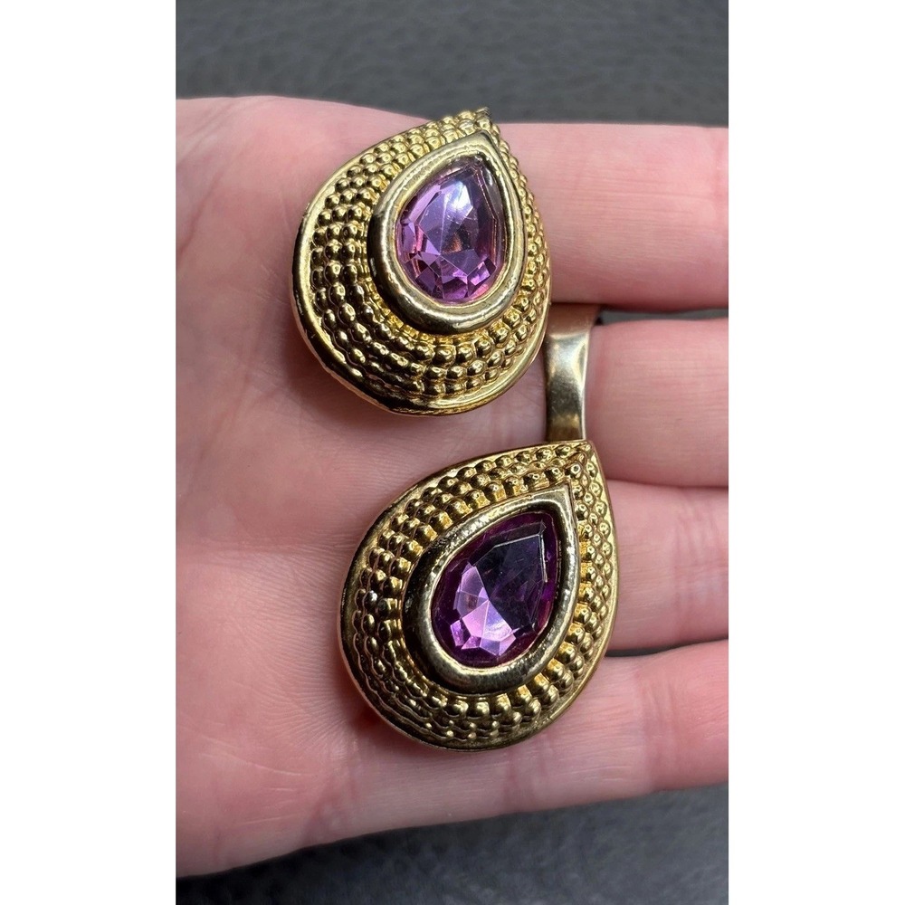 Vintage 80s Chunky Purple Crystal Teardrop Clip-On Earrings Textured Gold Tone